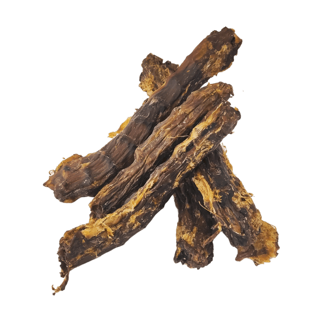 5 cooked and air-dried duck neck natural dog treats stacked on top of each other on a white background.