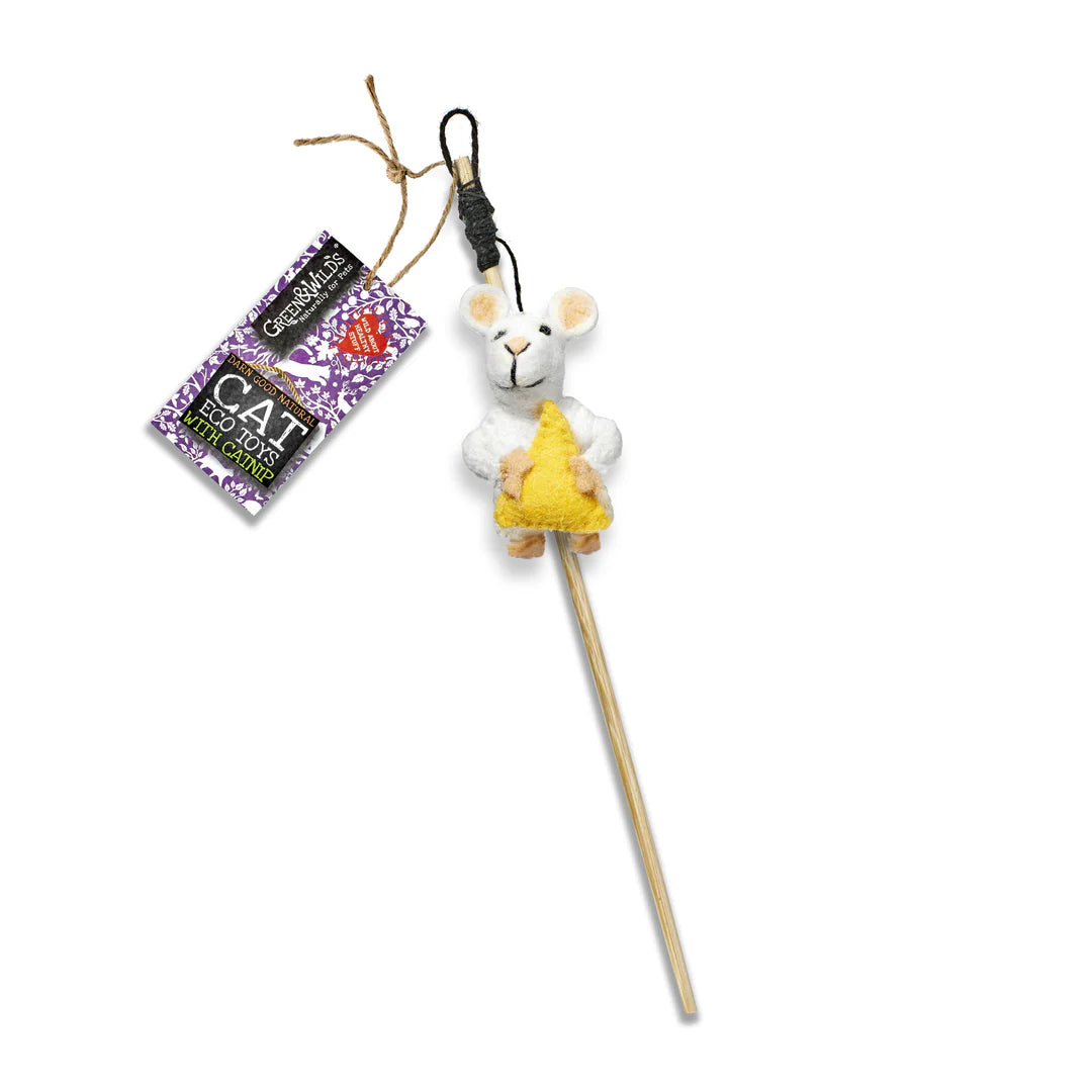 Monty jack mouse cat teaser eco toy laid on an all white background.