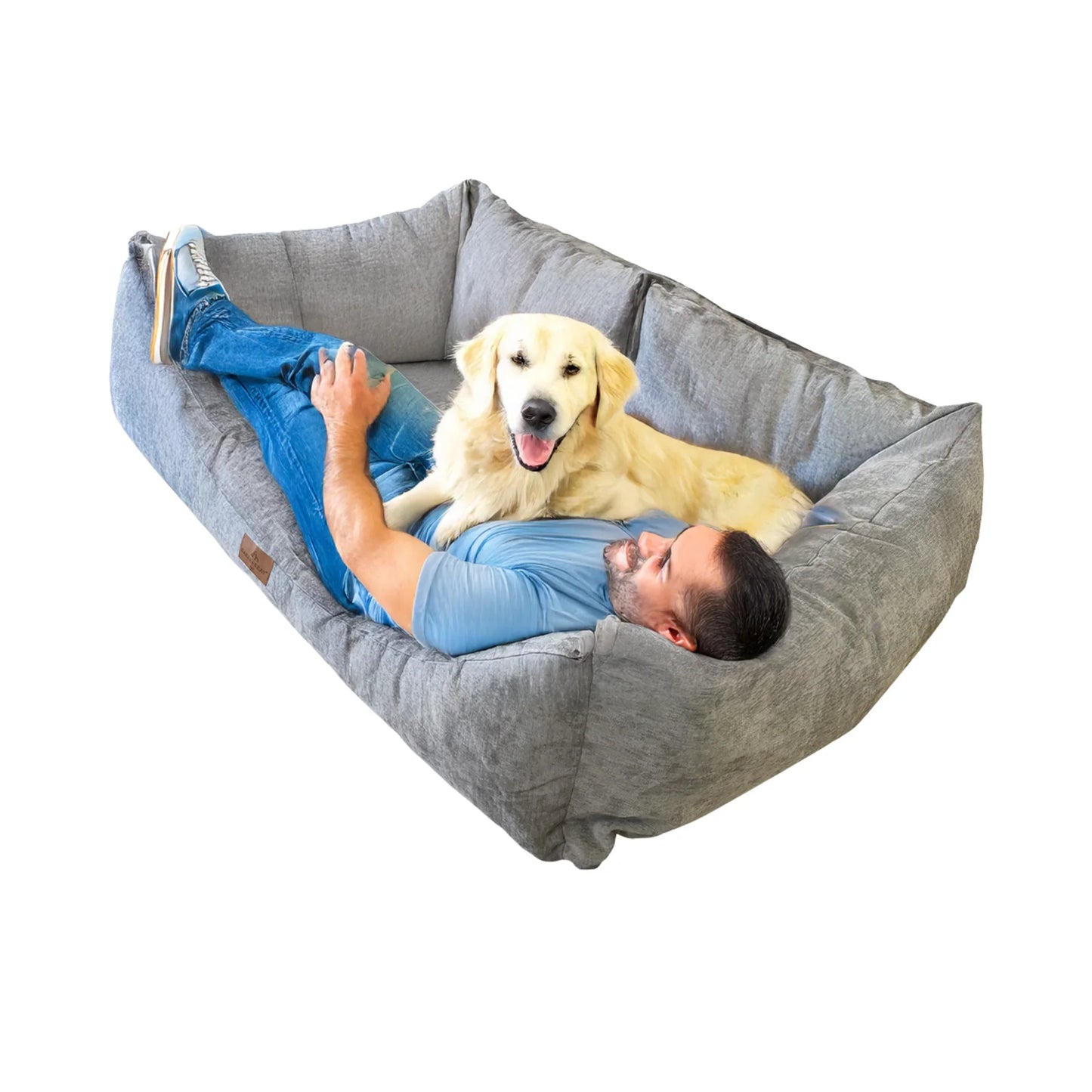 Person relaxing with dog on Baker & Bray human dog bed
