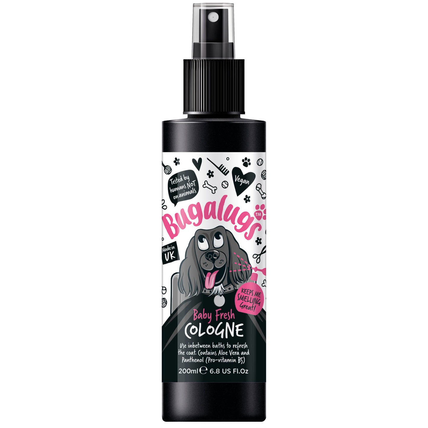 A bottle of bugalugs baby fresh dog deodorant cologne on an all white background.