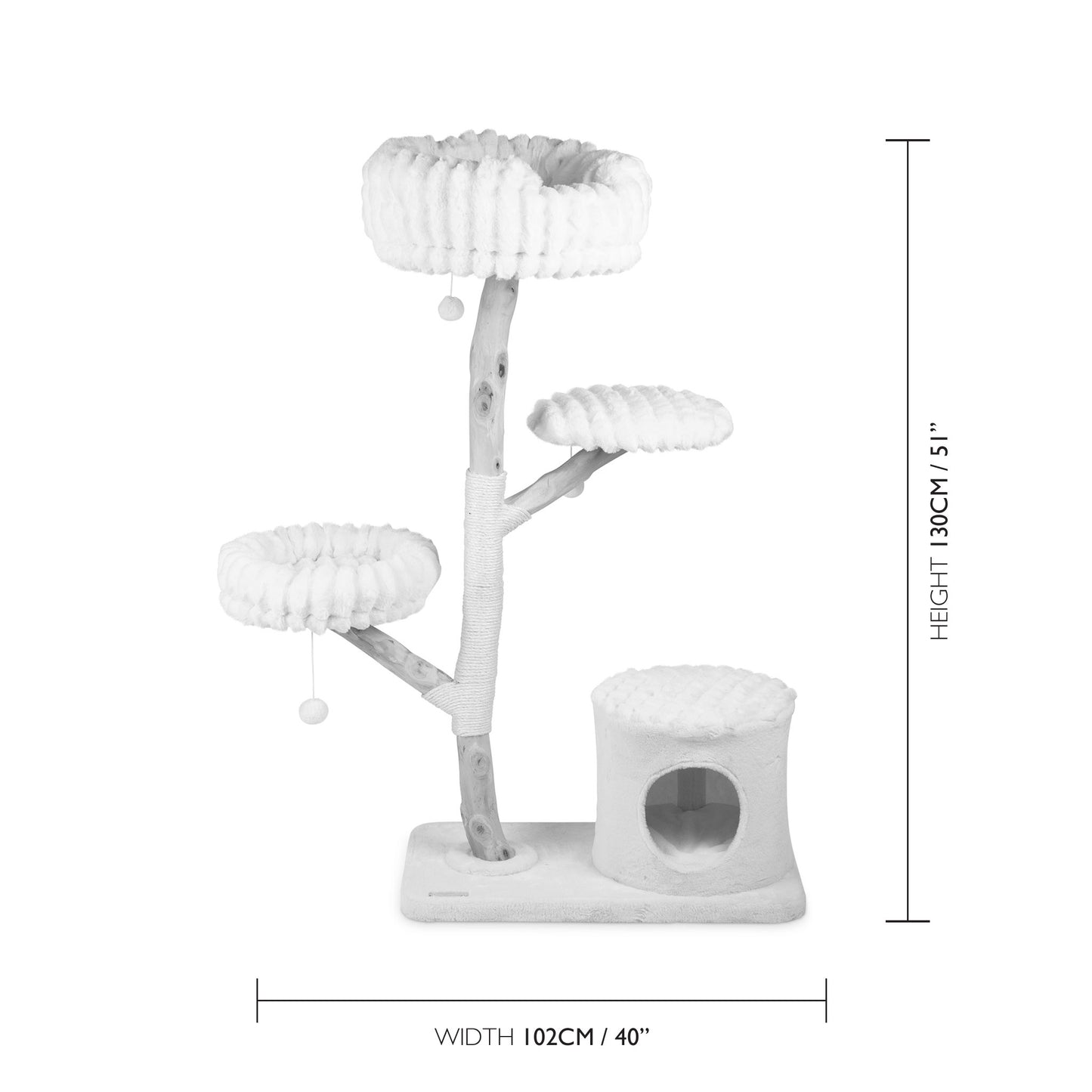 Cat tree tower with dimensions on a white background