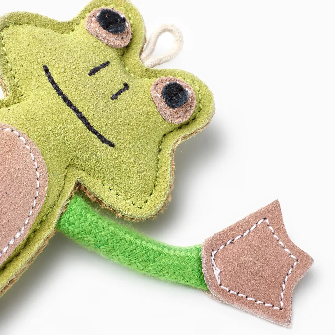 A green and beige eco dog toy shaped like a frog, made from sustainable jute and soft suede, laid down on an all white background.