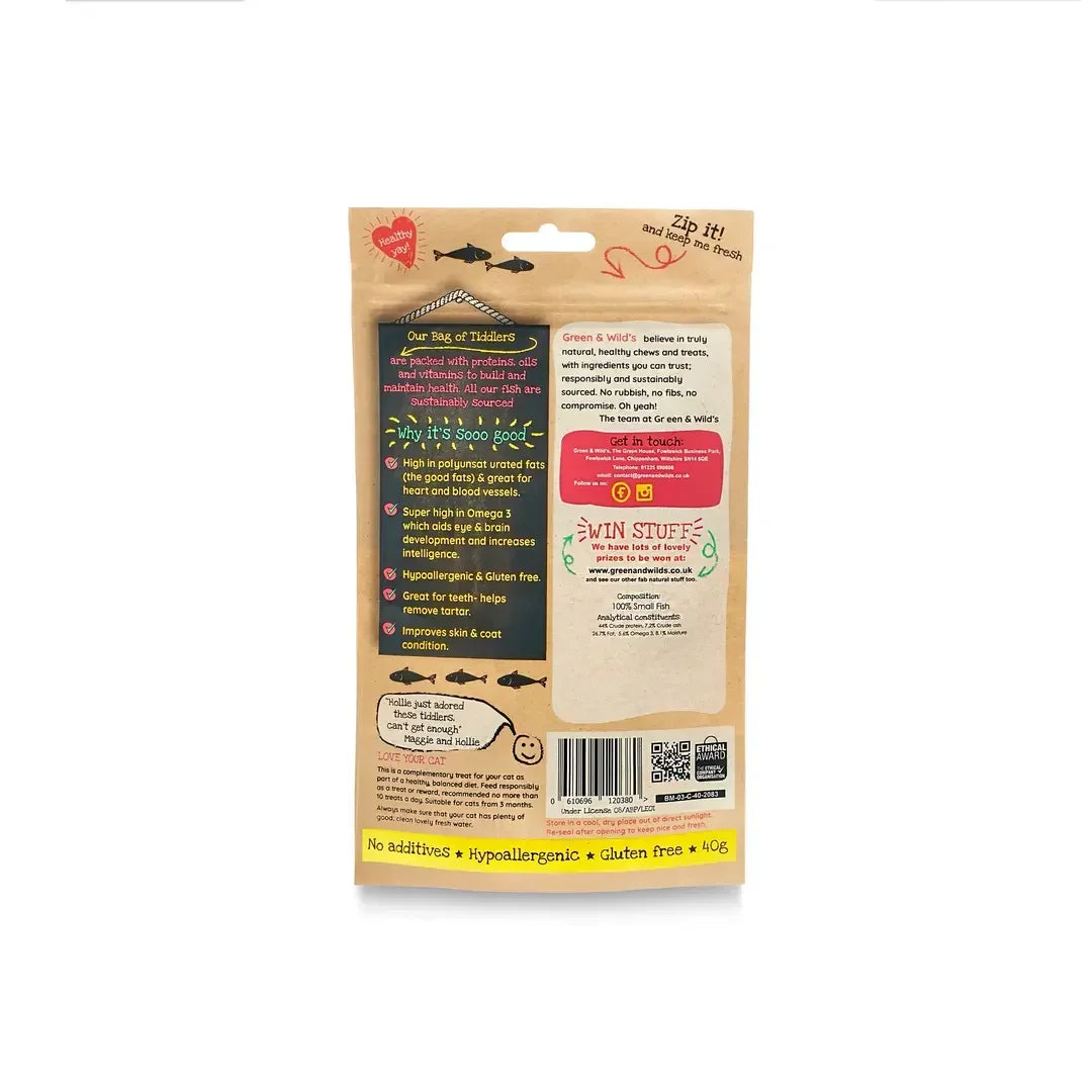 Back of fish cat treats packaging showing feeding and product information