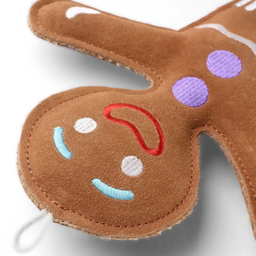 Close-up of gingerbread character detail on an eco dog toy made from suede and jute