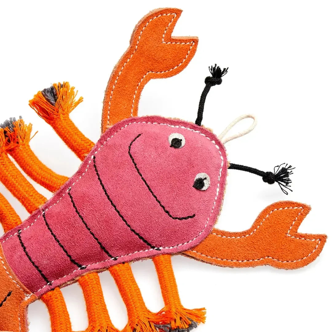 Close-up showing natural suede, jute and rope details used in an eco dog toy