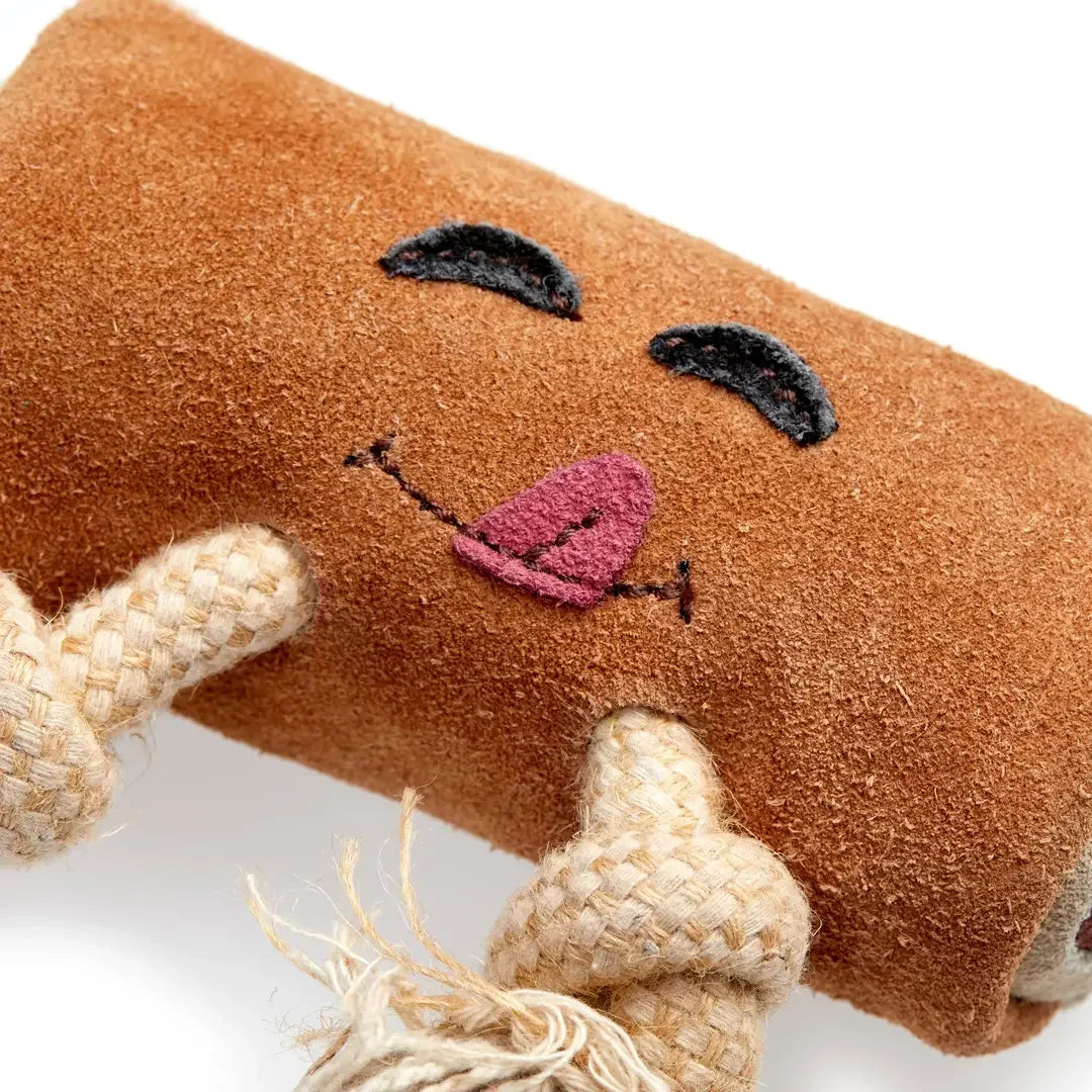 Close-up of rope legs and suede texture on an eco dog toy