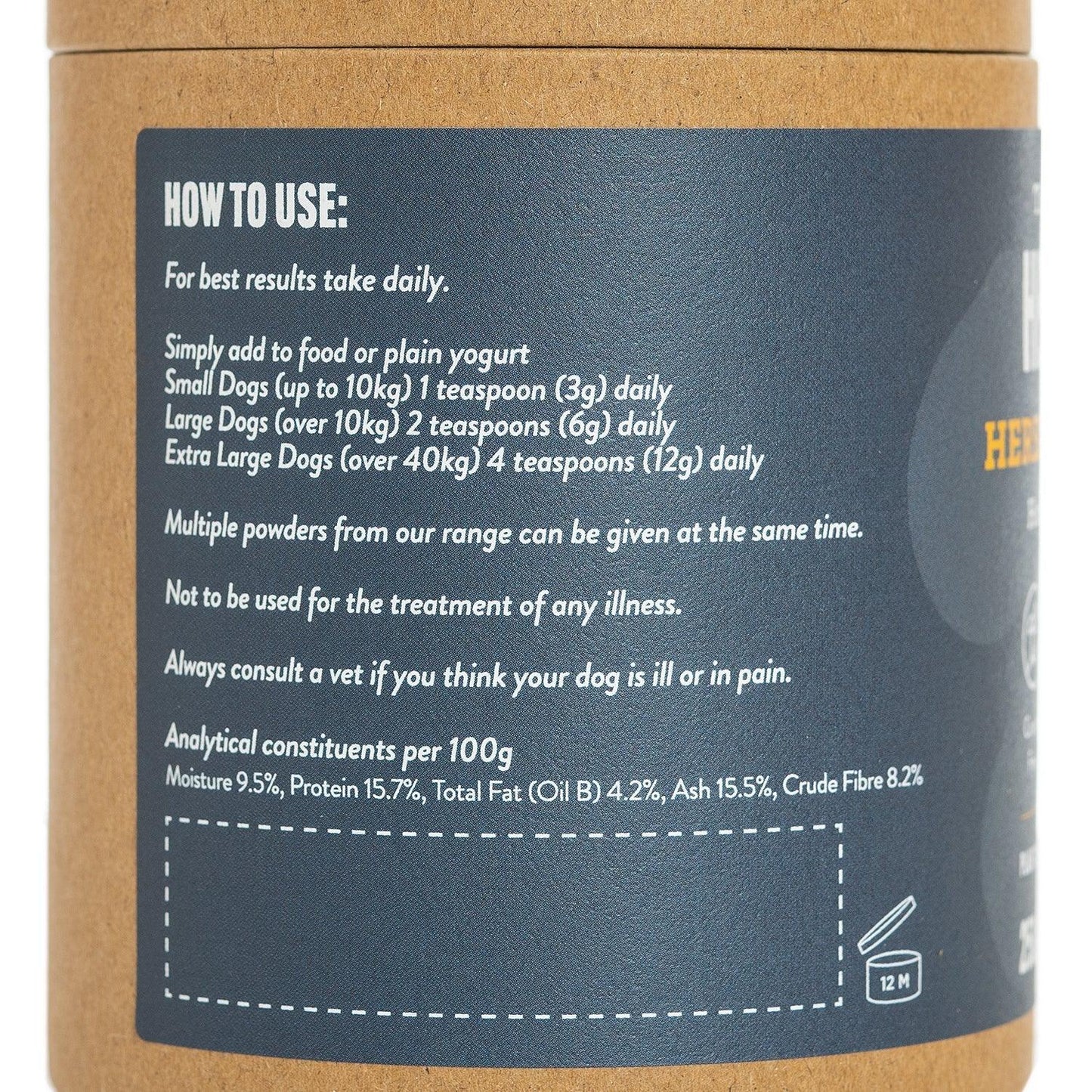 Feeding guide showing daily serving amounts for Herbacare Skin & Fur dog supplements