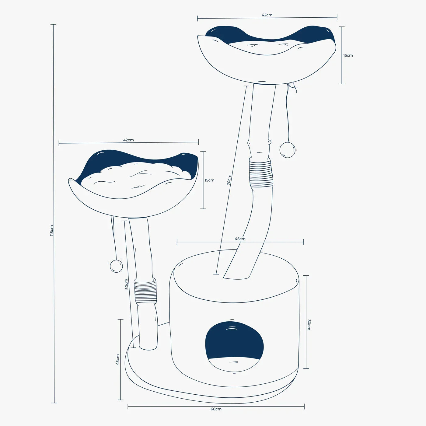 Lords & Labradors basket cat tree dimensions showing height, basket sizes, and base width
