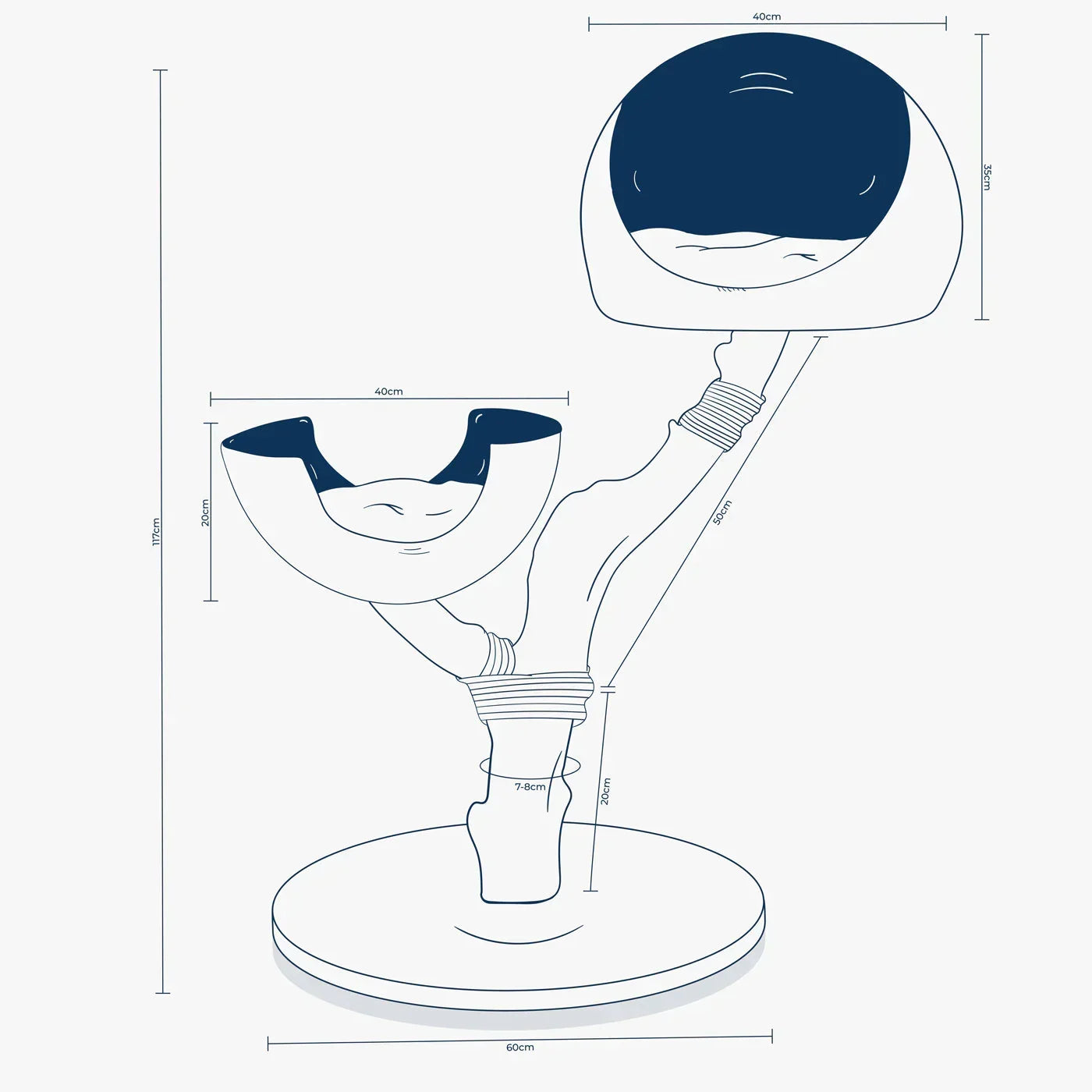 Back To Nature Duo cat tree dimensions diagram showing height, base width, and platform sizes
