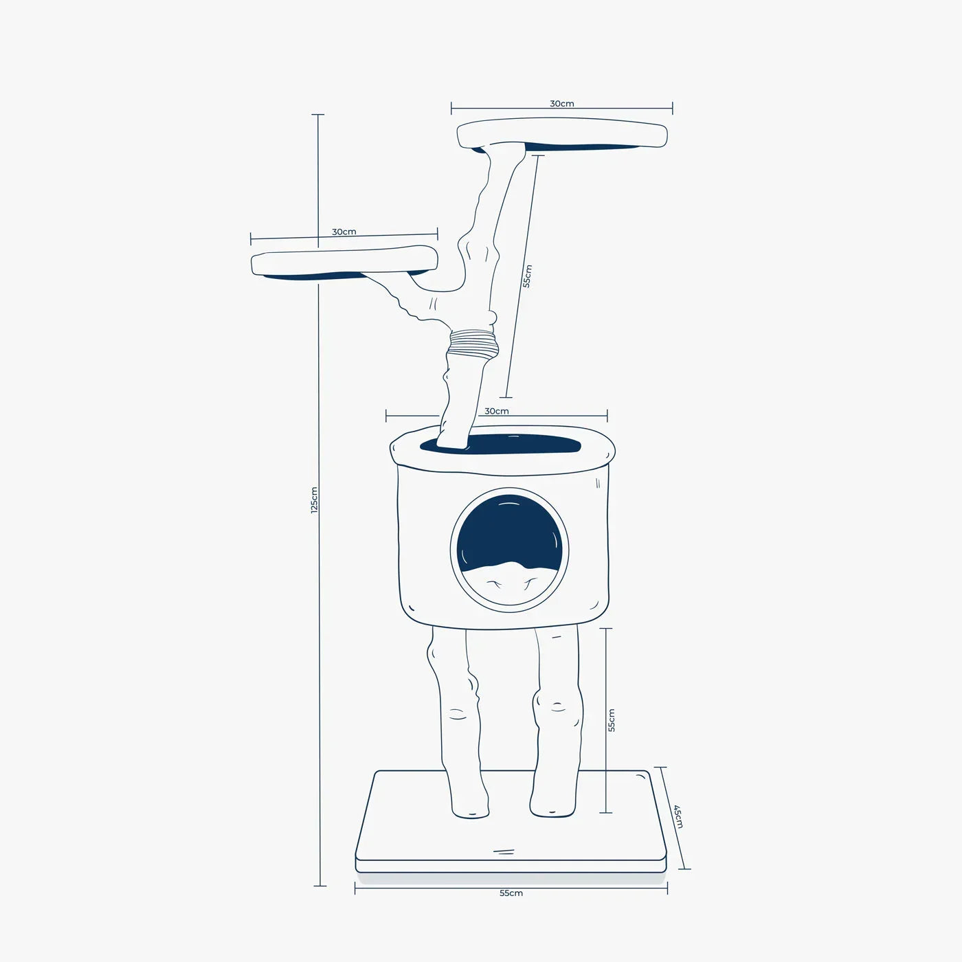 Measurement diagram of the Lords & Labradors Back To Nature High Rise Cat Tree showing height, base size, and platform layout