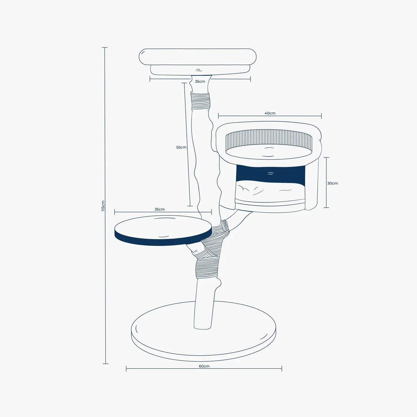 Back To Nature Luxe Cat Tree by Lords & Labradors size diagram showing height, platform sizes, and base width