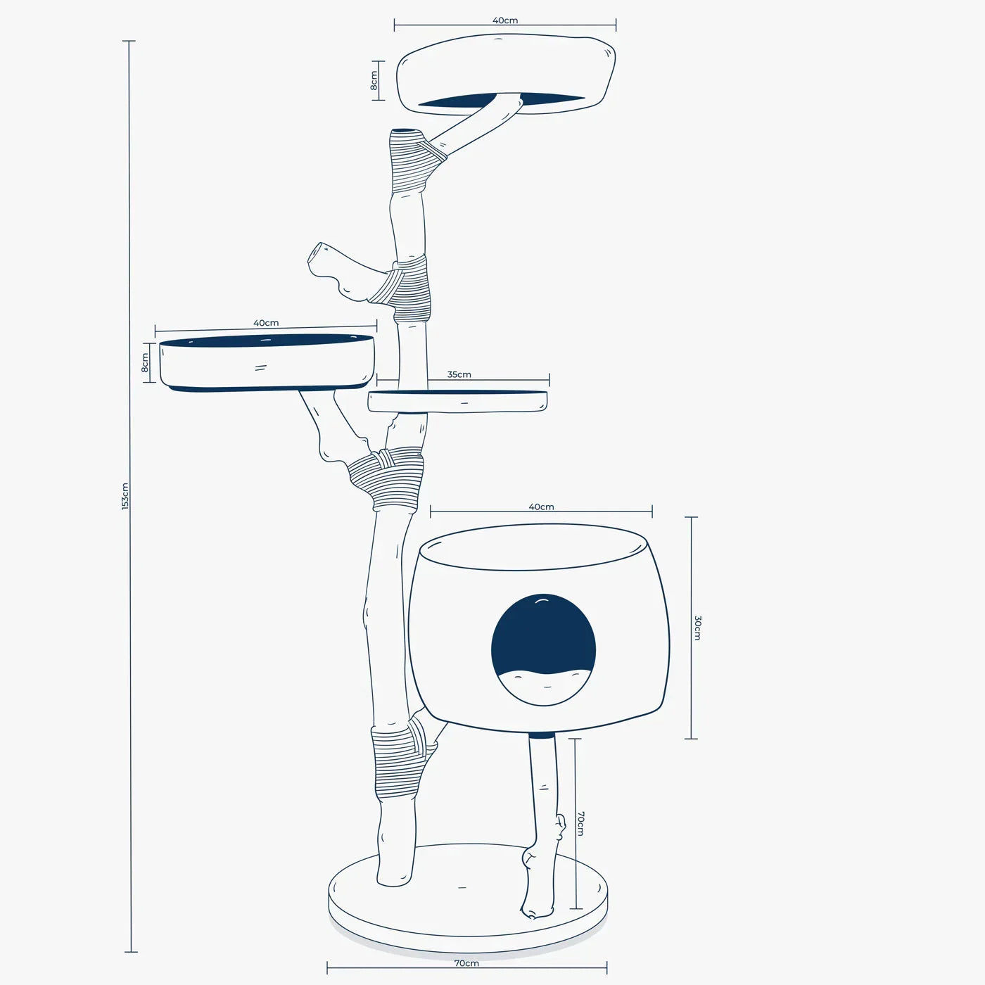 Lords & Labradors Back To Nature Penthouse cat tree dimensions diagram showing height, base size, platforms, and hideaway measurements