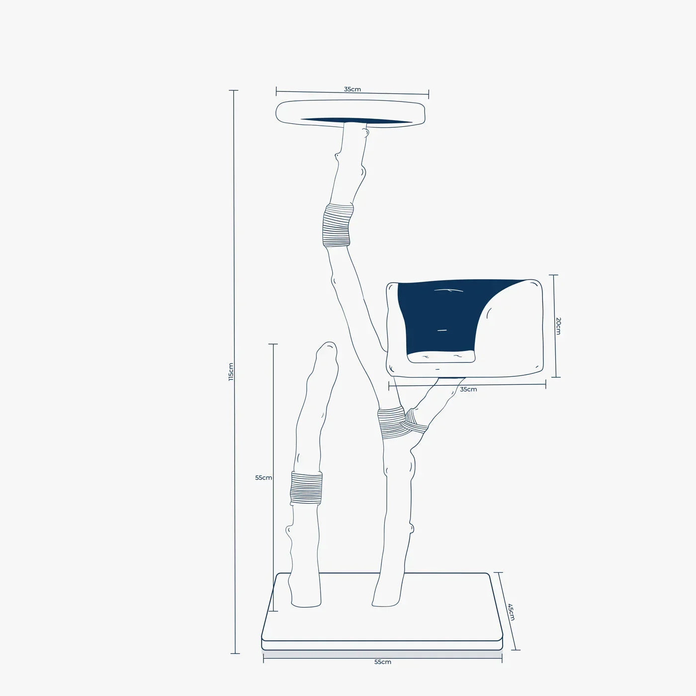 Lords & Labradors Back to Nature Trio cat tree size diagram showing height, base, and platform dimensions