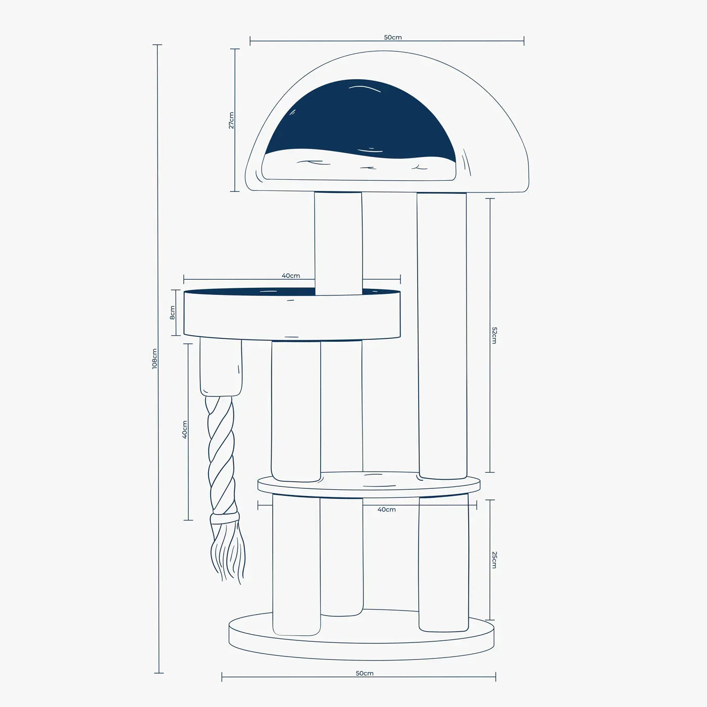 Lords & Labradors Helsinki Dome cat tree measurement diagram showing height, platform sizes, and base width