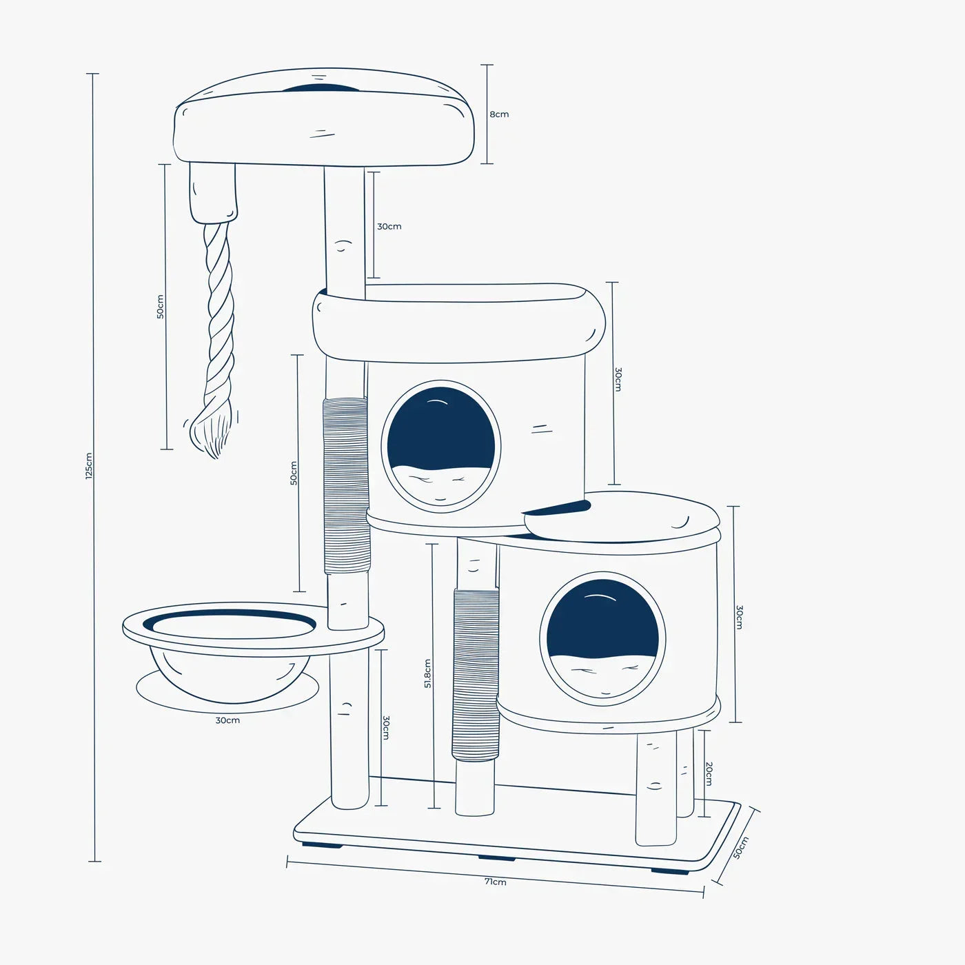 Helsinki Hide & Sleep cat tree by Lords & Labradors measurement diagram with labelled dimensions and layout