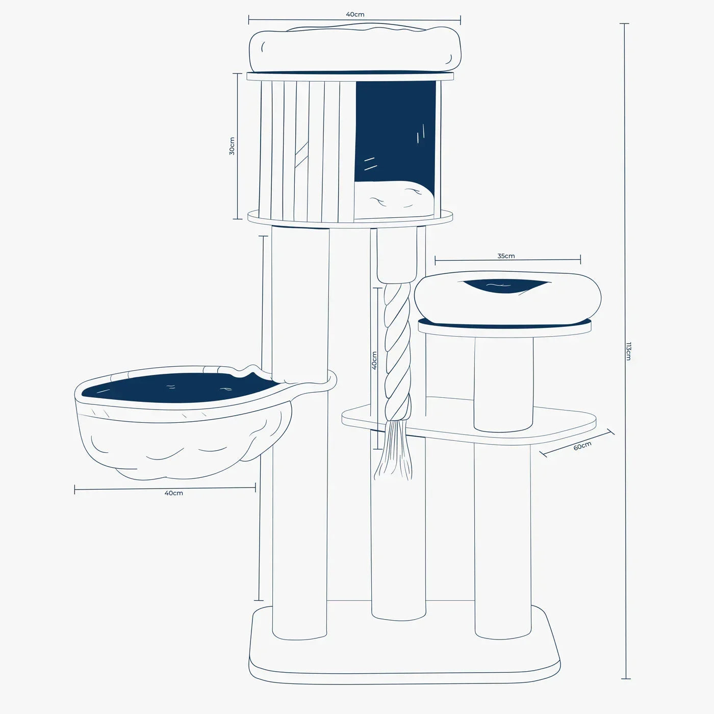Helsinki Loft cat tree measurement diagram showing height, base size, and platform dimensions