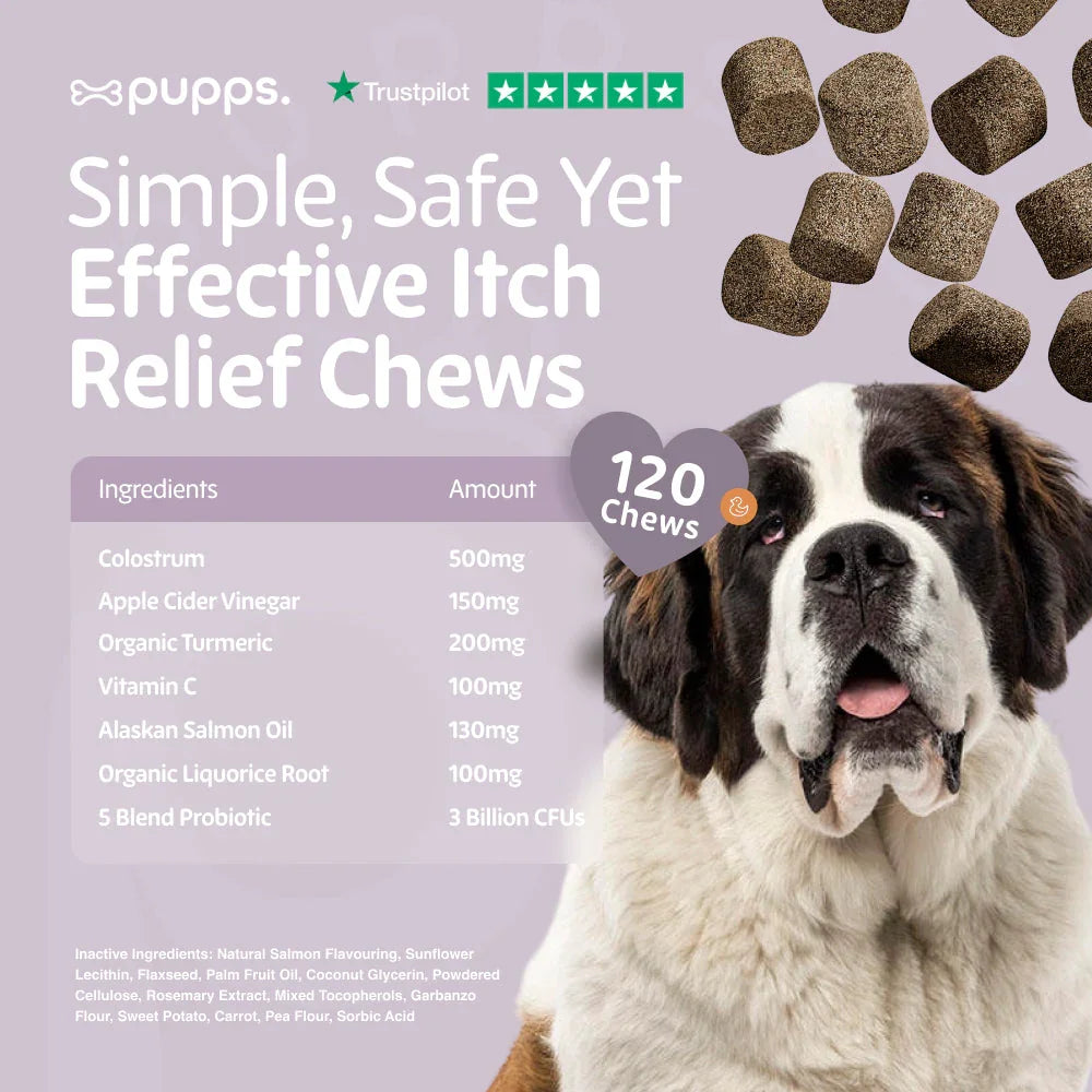 Ingredient breakdown and nutritional information for itch relief treats for dogs