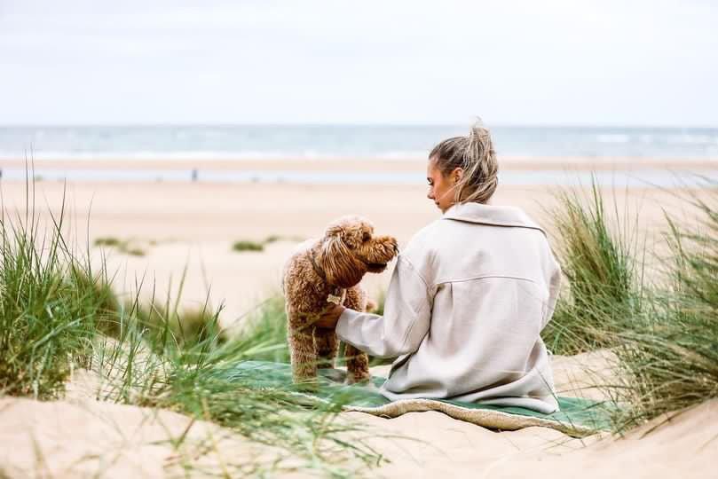 Owner and dog relaxing outdoors with a dog blanket on the sand dunes