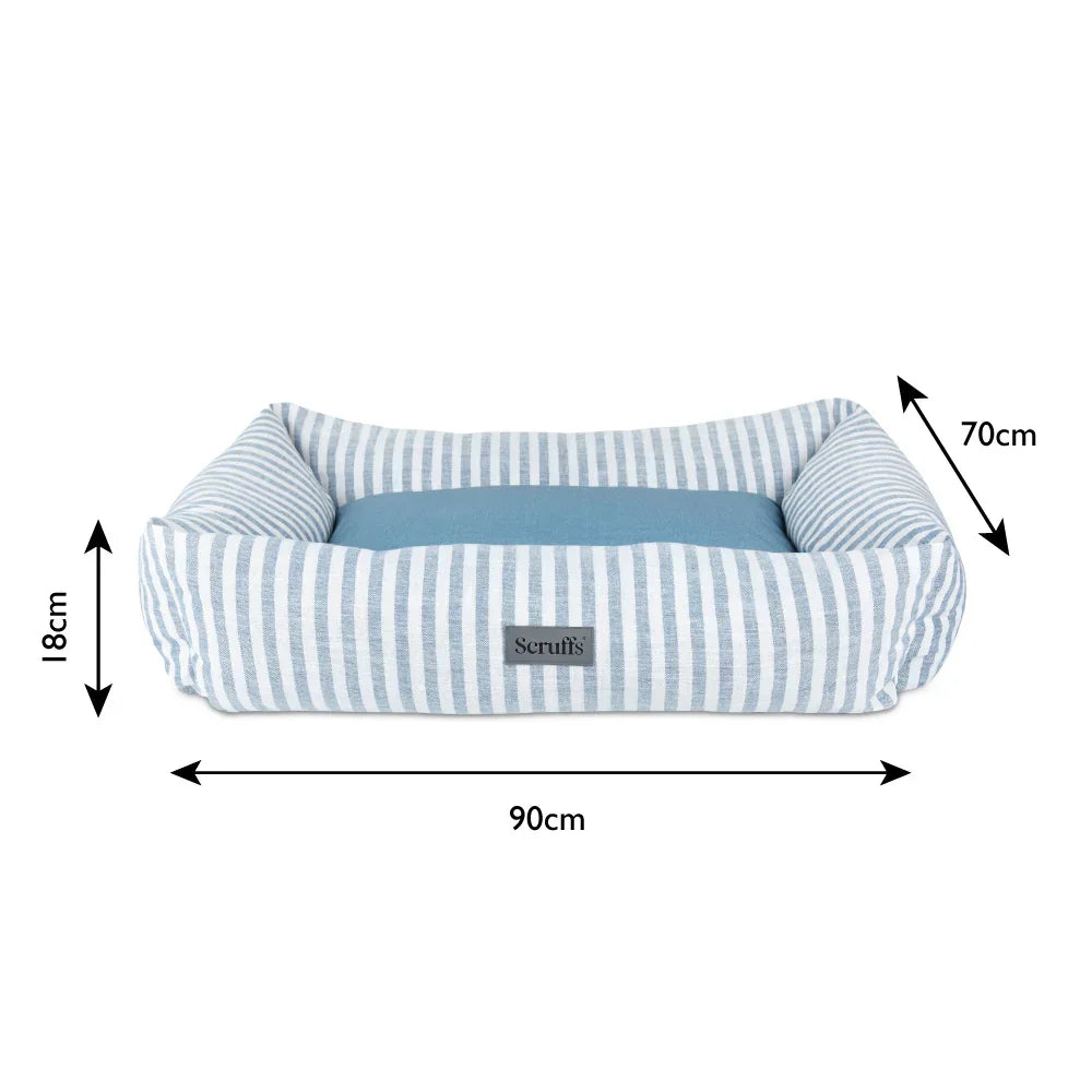 Scruffs coastal box dog bed extra large with blue and white stripes and dimensions shown