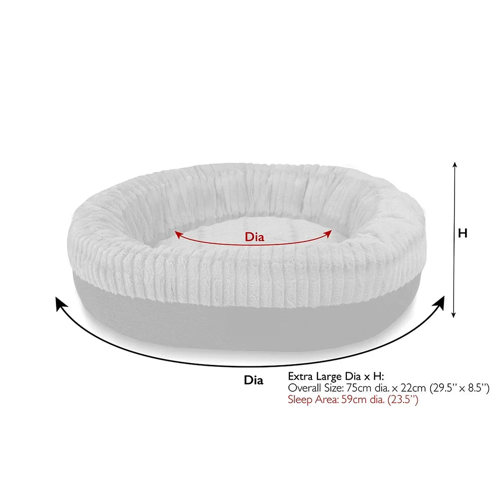 Scruffs Ellen donut dog bed extra large size dimensions diagram showing diameter and height measurements on a white background.