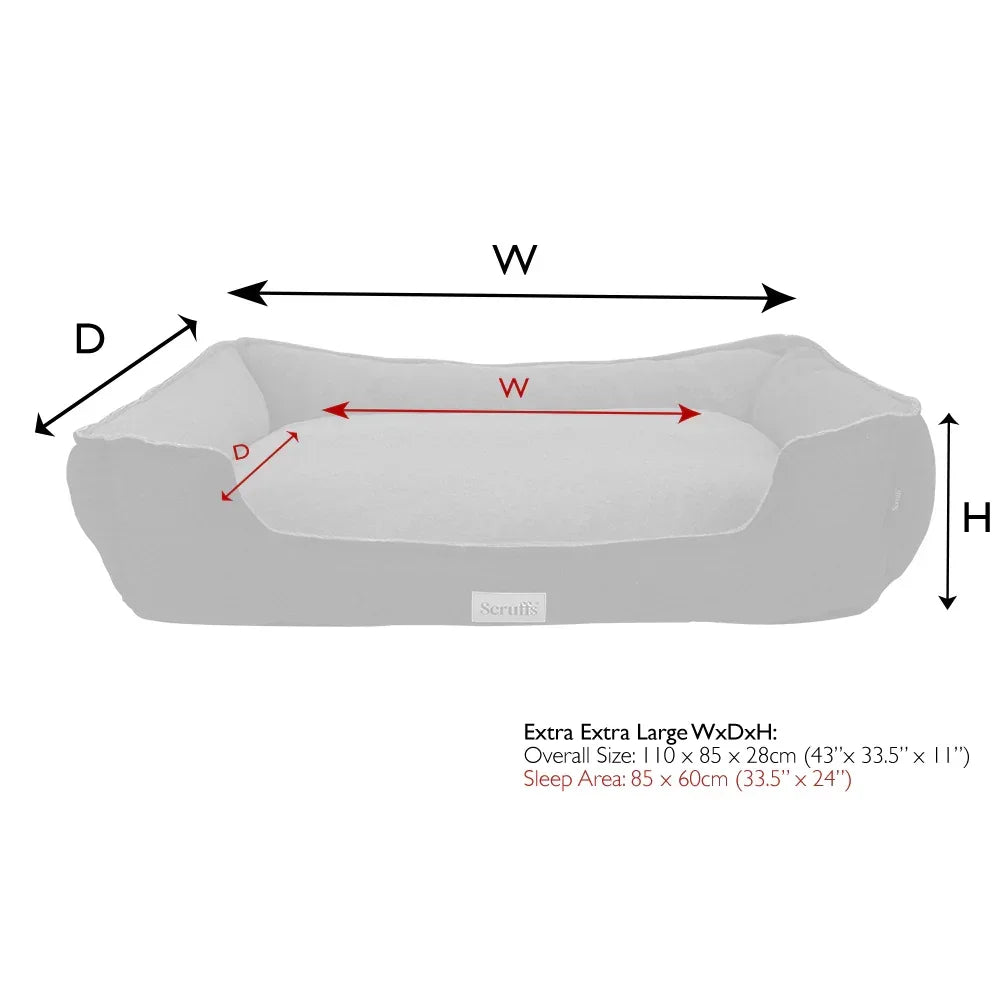 Size guide showing width, depth and height measurements for a Scruffs Harvard memory foam dog bed