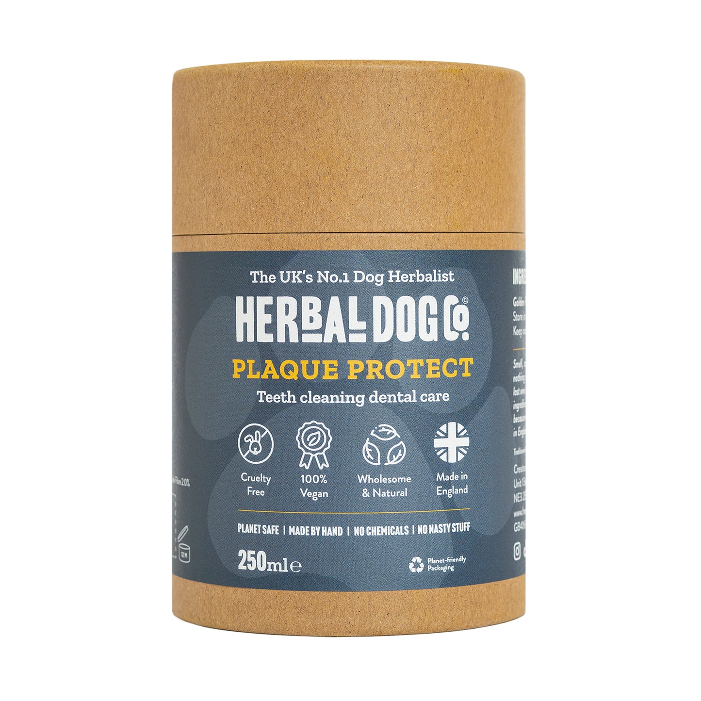 An unopened tub of teeth and gum dog supplements by Herbal Dog Co. on an all white background.