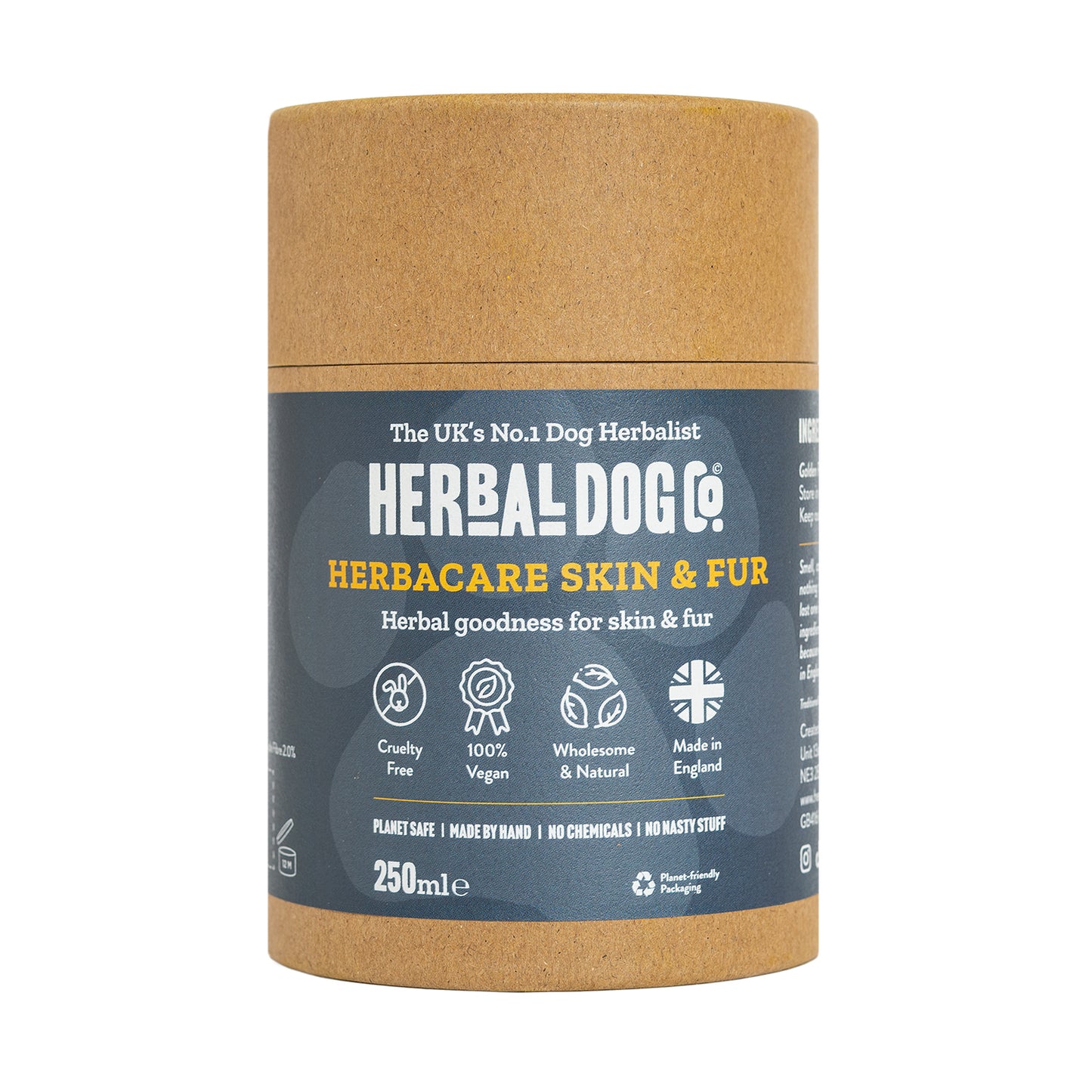 A tub of skin and fur dog supplements by Herbal Dog Co. on an all white background.