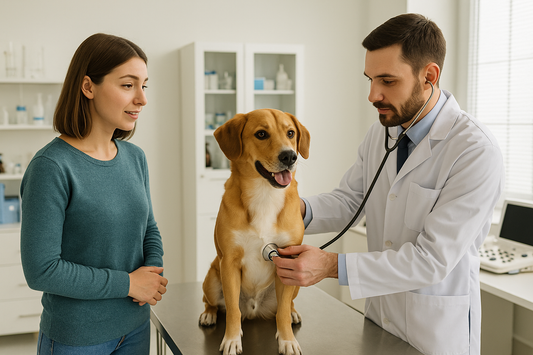 A dog owner waiting to find out their vet prescription cost in the UK.