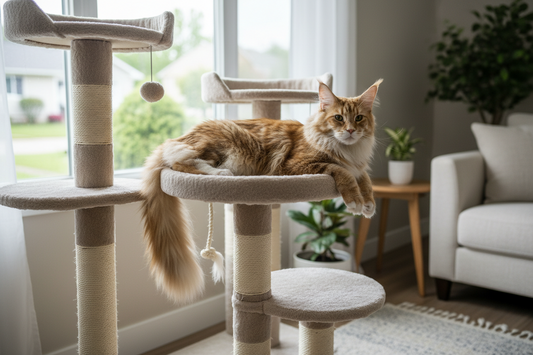 Large Maine Coon resting on a sturdy cat tree with wide platforms