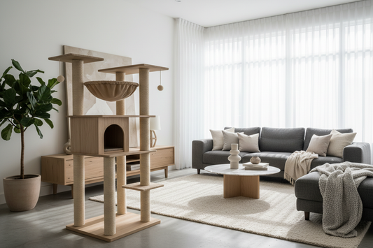 Tall stable cat tree near a window in a modern UK home