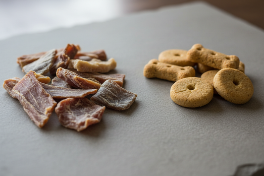 Natural dog treats compared with baked dog biscuits showing differences in texture and processing