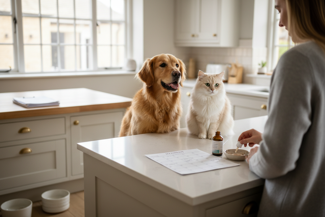 Dog and cat at home during a routine check as part of daily care to reduce vet bills
