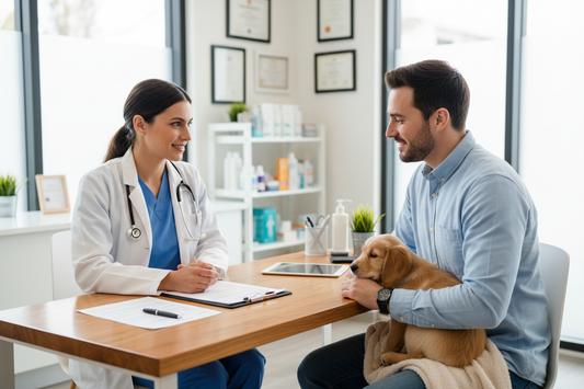 Dog owner speaking with a vet about prescription costs during a consultation