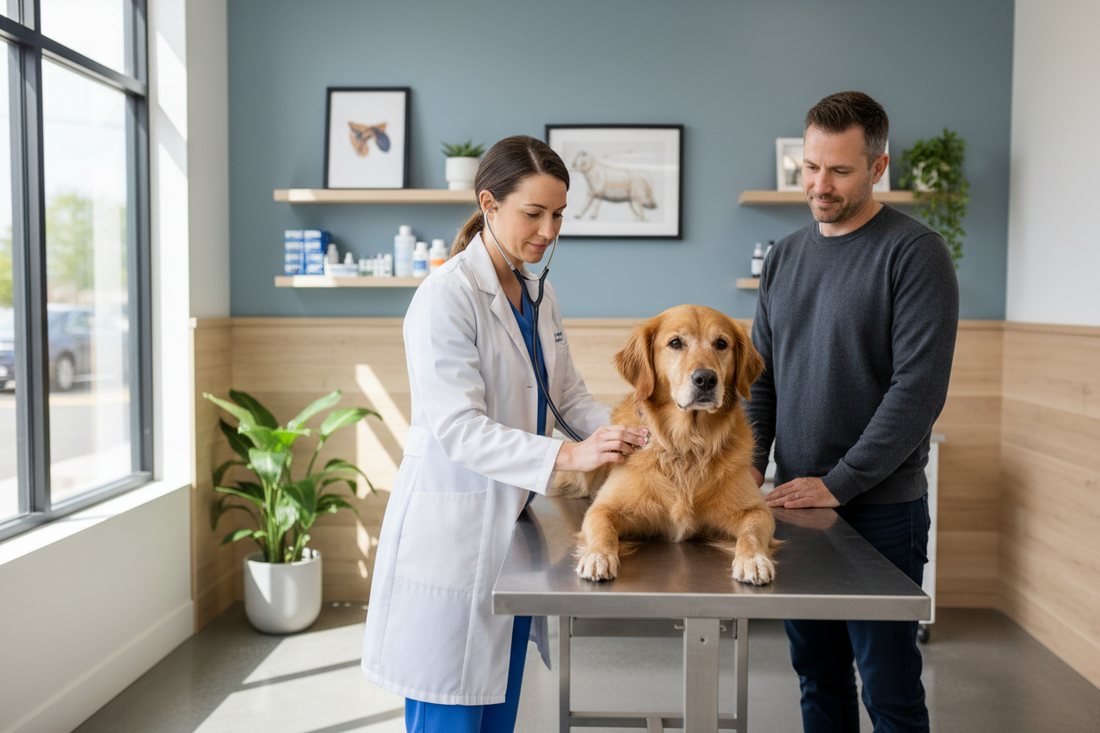 Dog receiving a health check at a veterinary clinic during a routine consultation