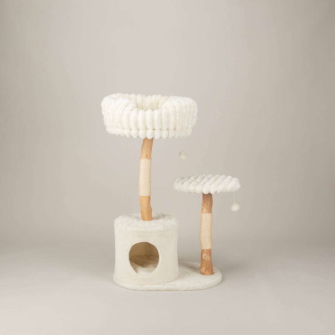 Cat tree tower with multiple levels and a cylindrical perch on a plain background