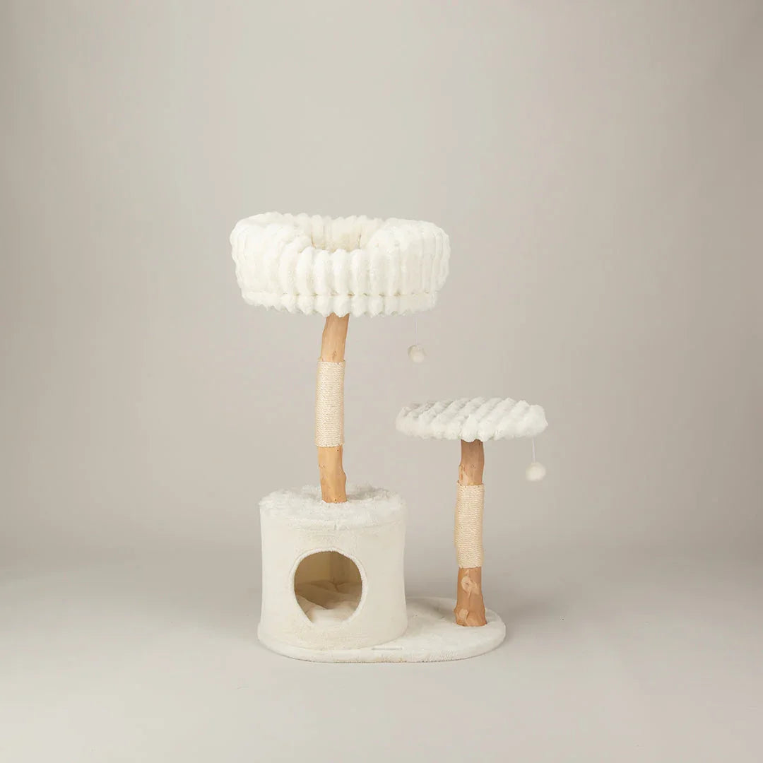 Cat tree tower with multiple levels and a cylindrical perch on a plain background