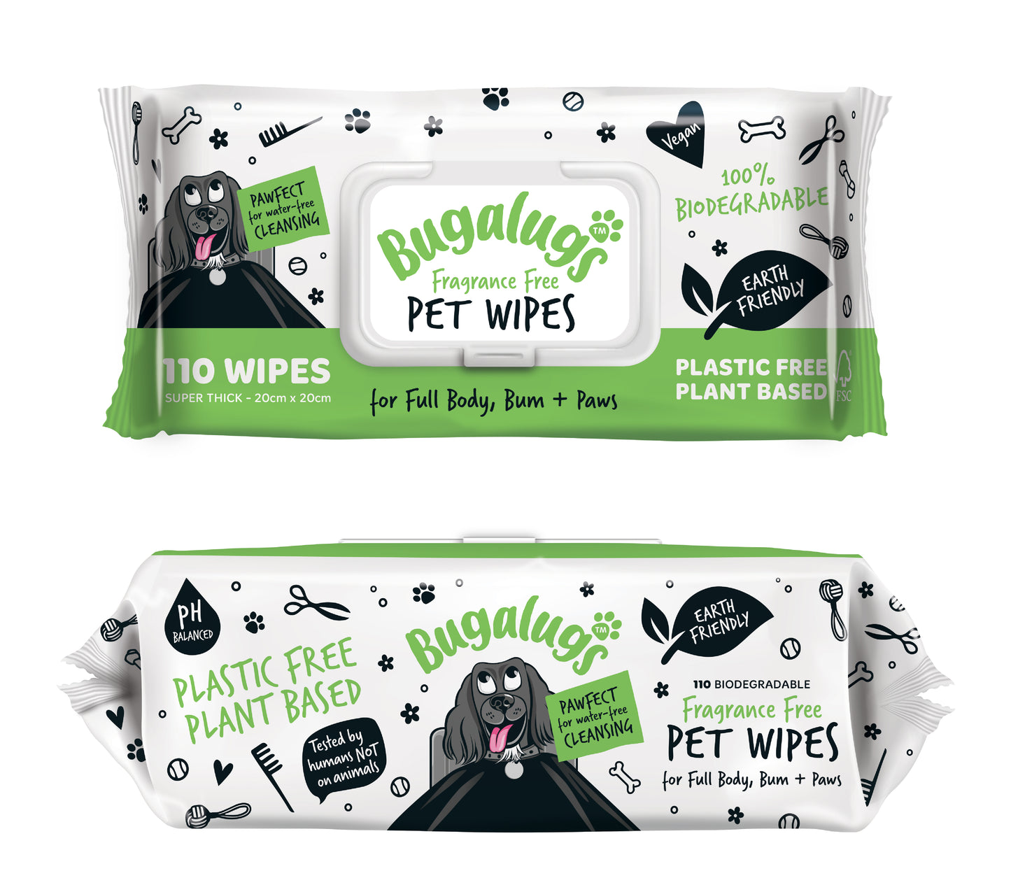 A packet of Bugalugs pet wipes for cats and dogs on an all white background.