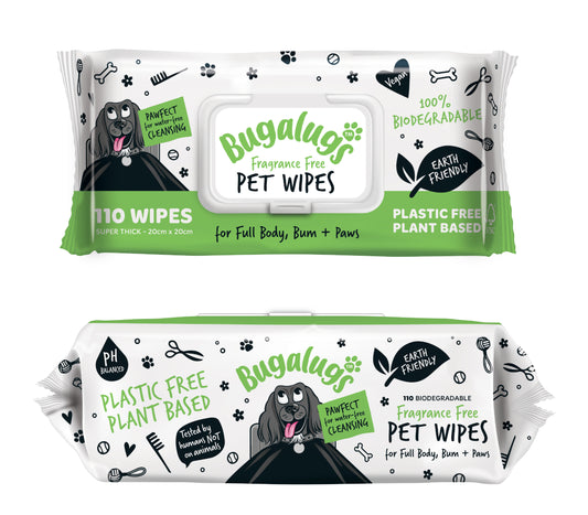 A packet of Bugalugs pet wipes for cats and dogs on an all white background.