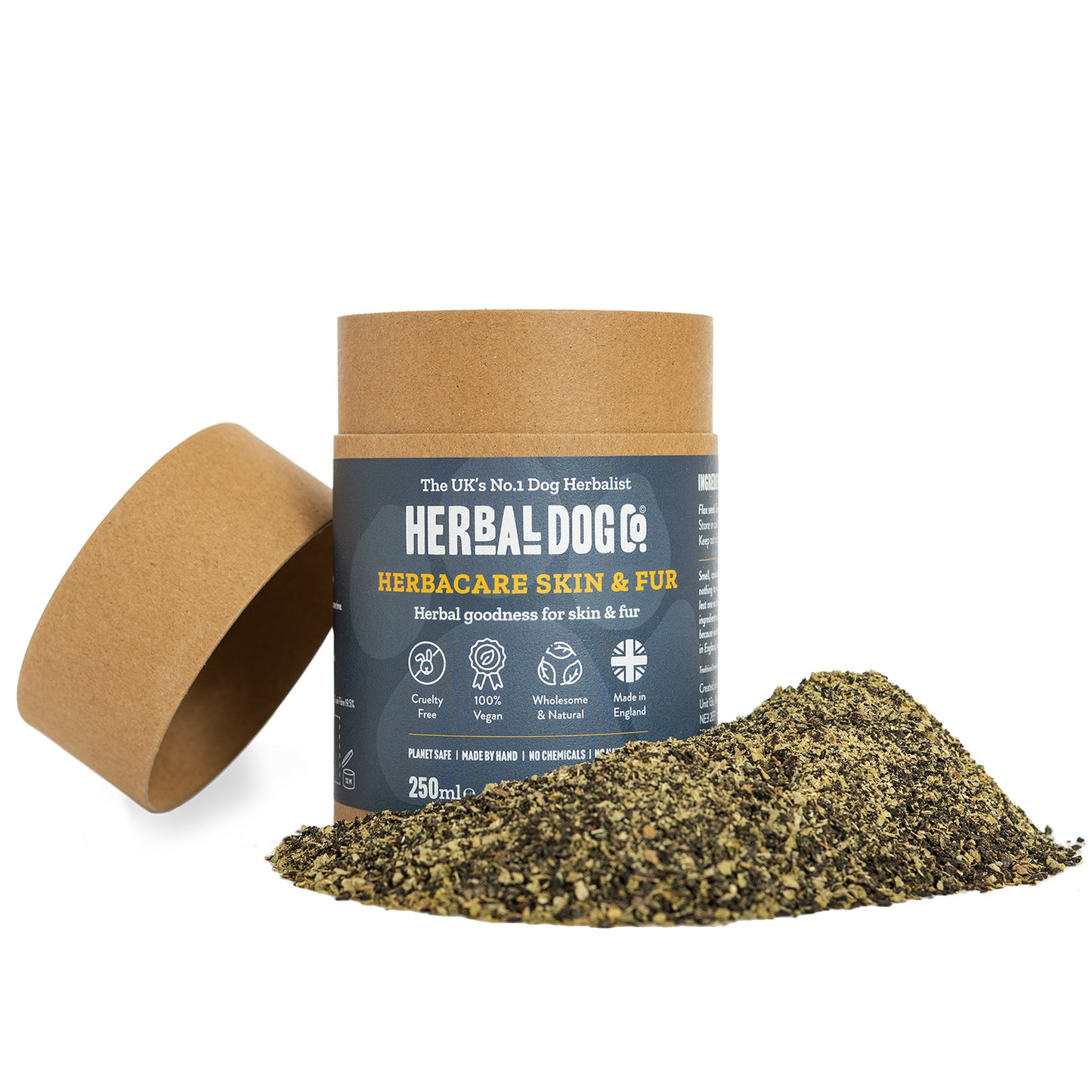 An opened tub of skin and fur dog supplements by Herbal Dog Co. on an all white background.