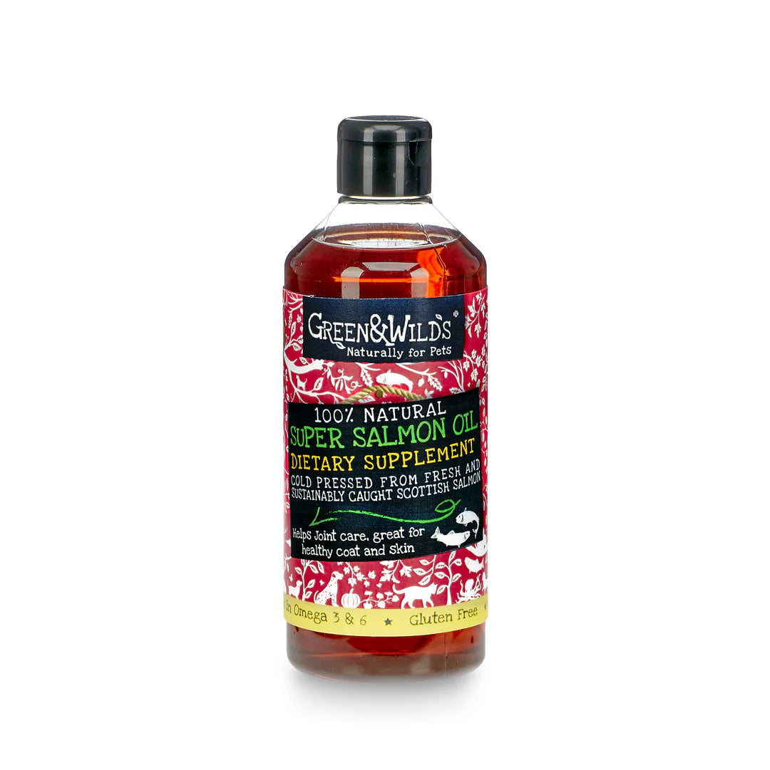 The front of a 500ml bottle of super salmon oil pet supplement for dogs and cats on an all white background.