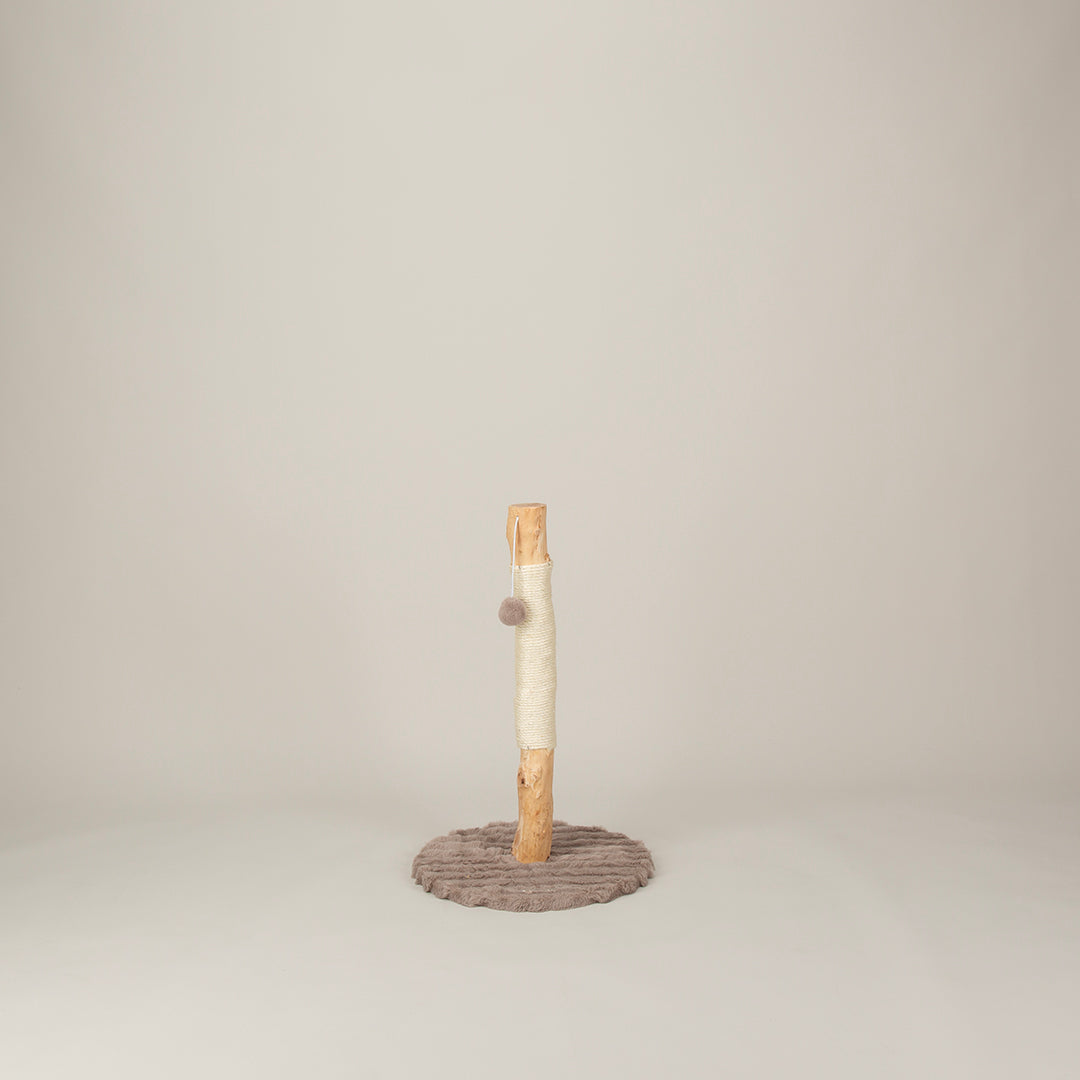 Cat scratching post with a cylindrical wooden perch on a grey base against a light grey background
