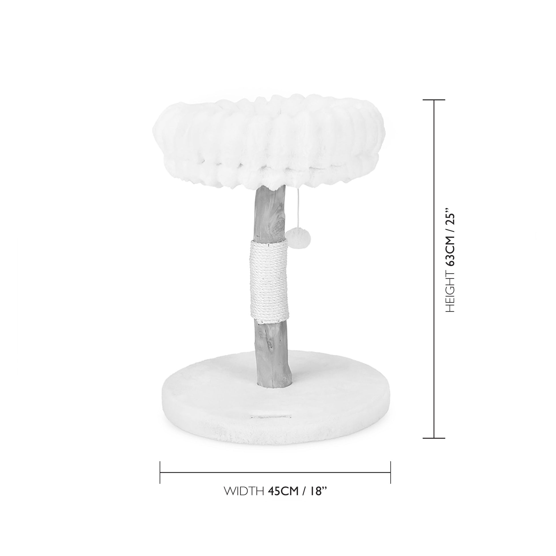 Cream cat tree with dimensions on a white background