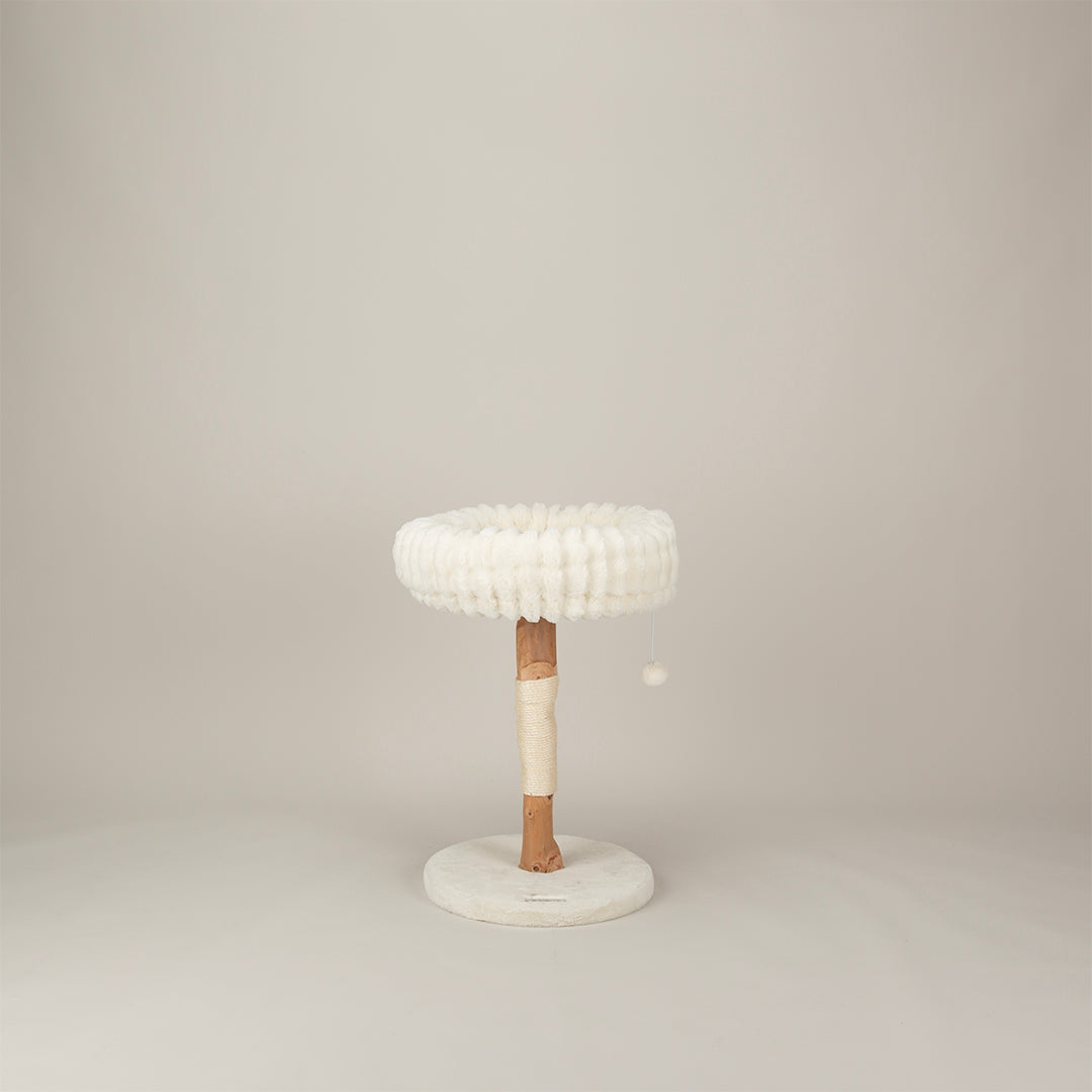 Cat tree with cream cushioned step and wooden post on a plain background