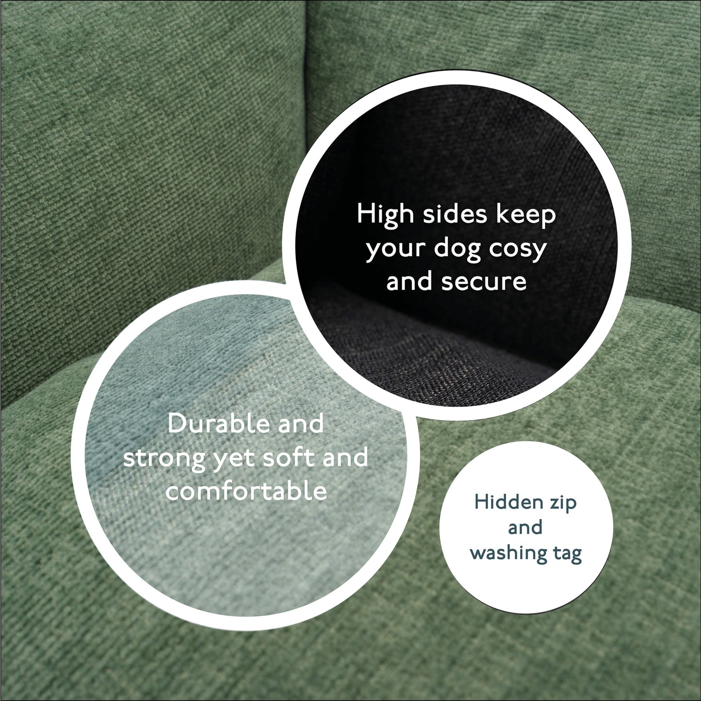 Close up of Baker & Bray sage green orthopaedic dog bed showing fabric and comfort