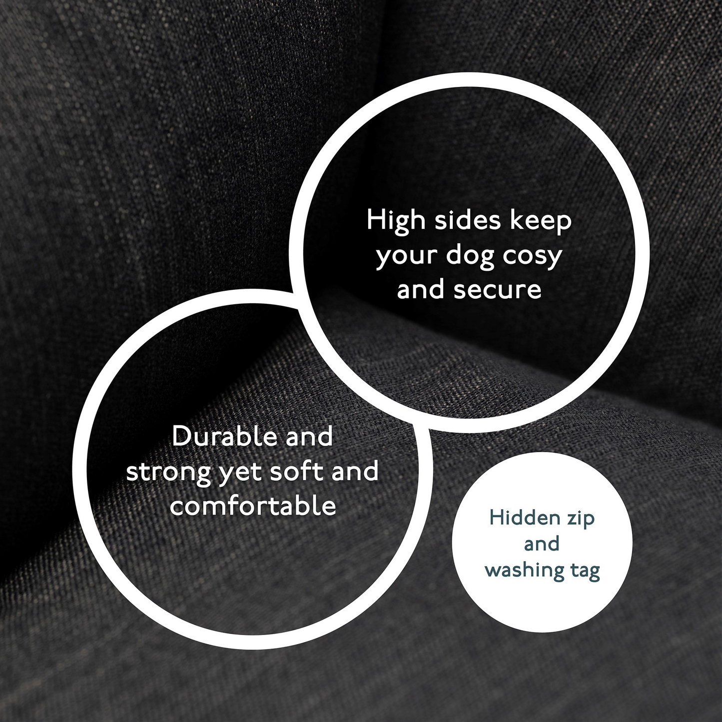 Slate grey orthopaedic dog bed showing raised sides and hidden zip