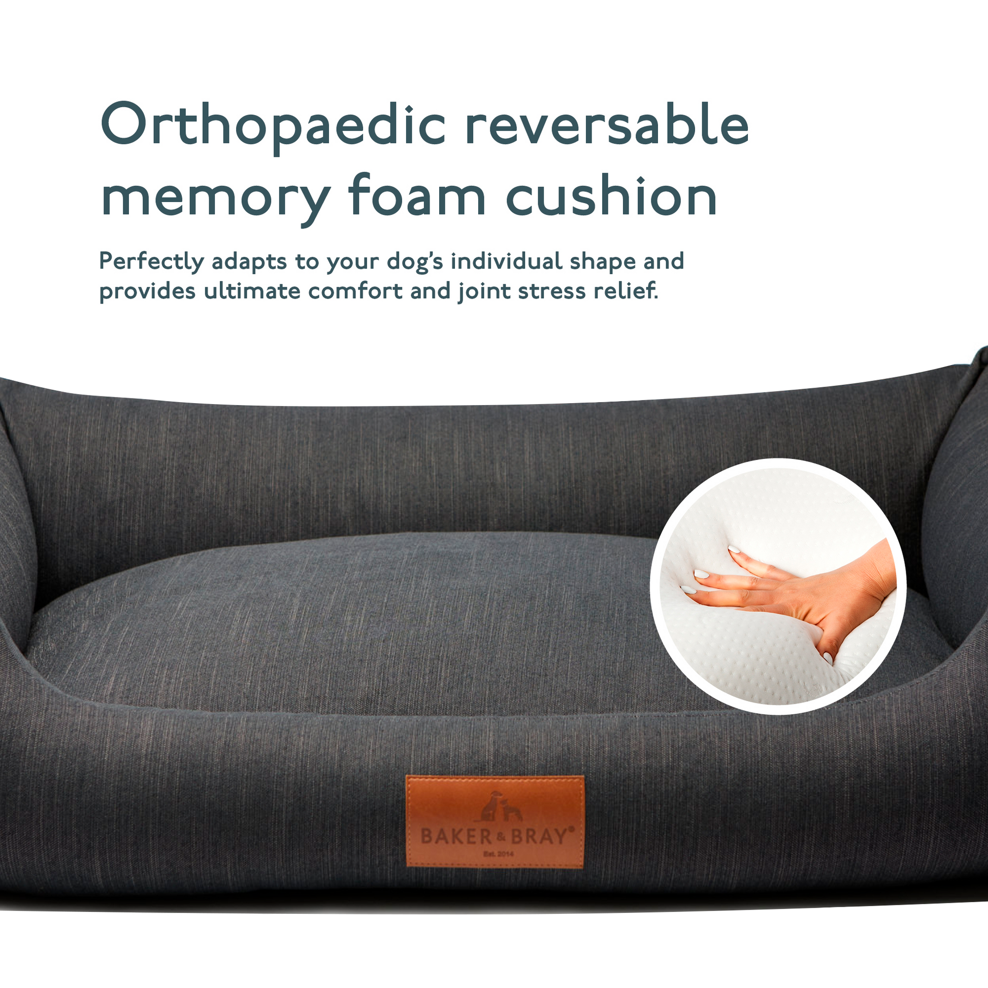 Memory foam support in slate grey orthopaedic dog bed showing pressure relief