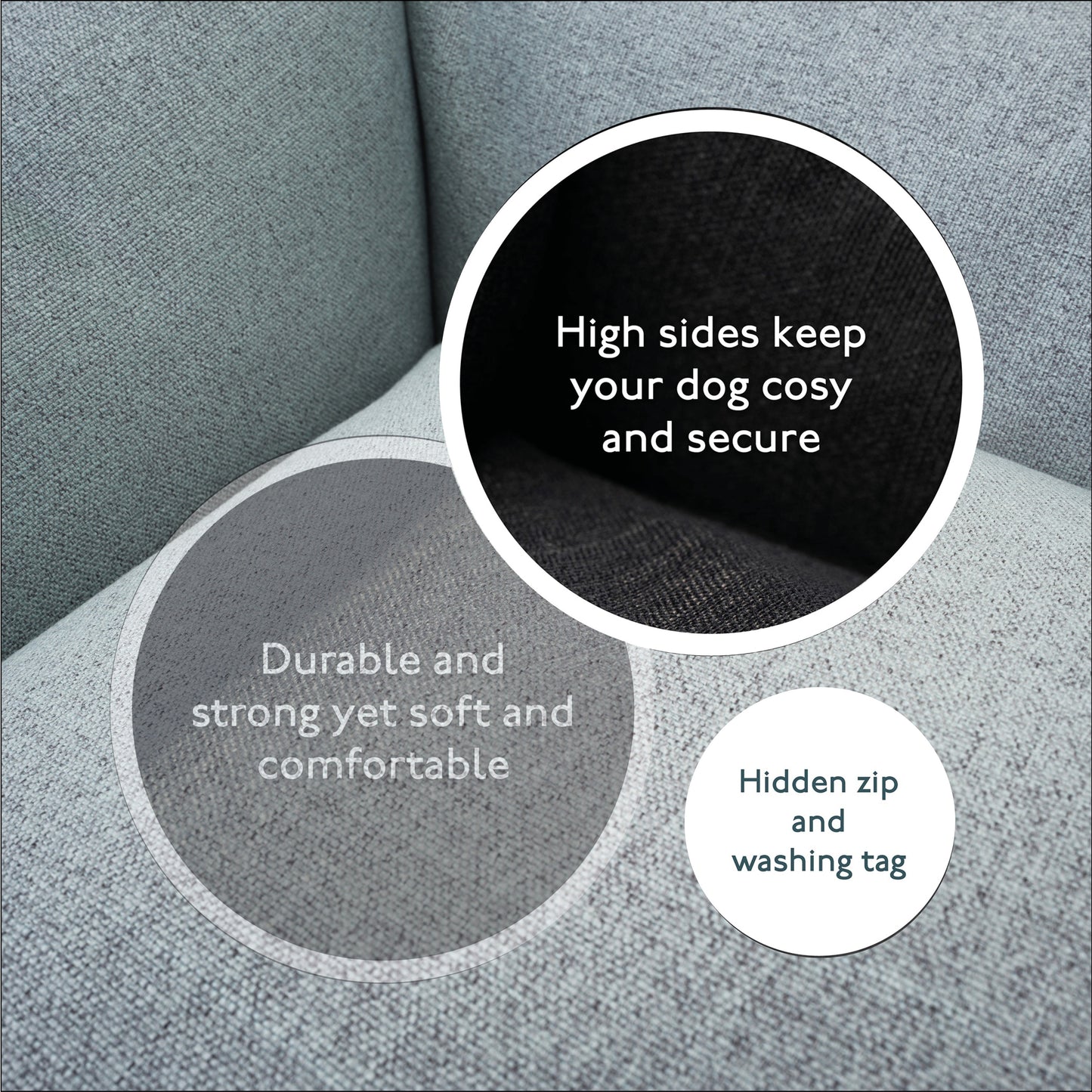Stone grey orthopaedic dog bed showing raised sides and hidden zip