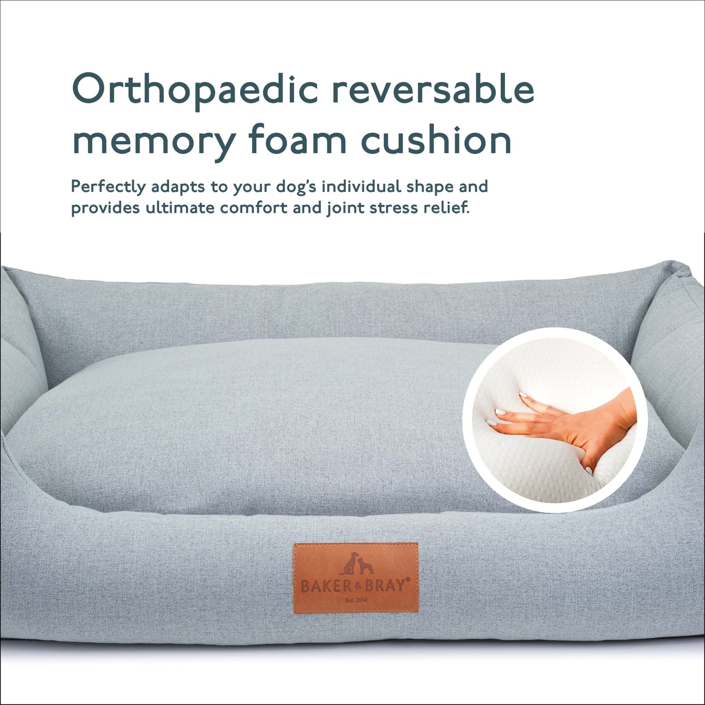 Memory foam support in stone grey orthopaedic dog bed showing pressure relief