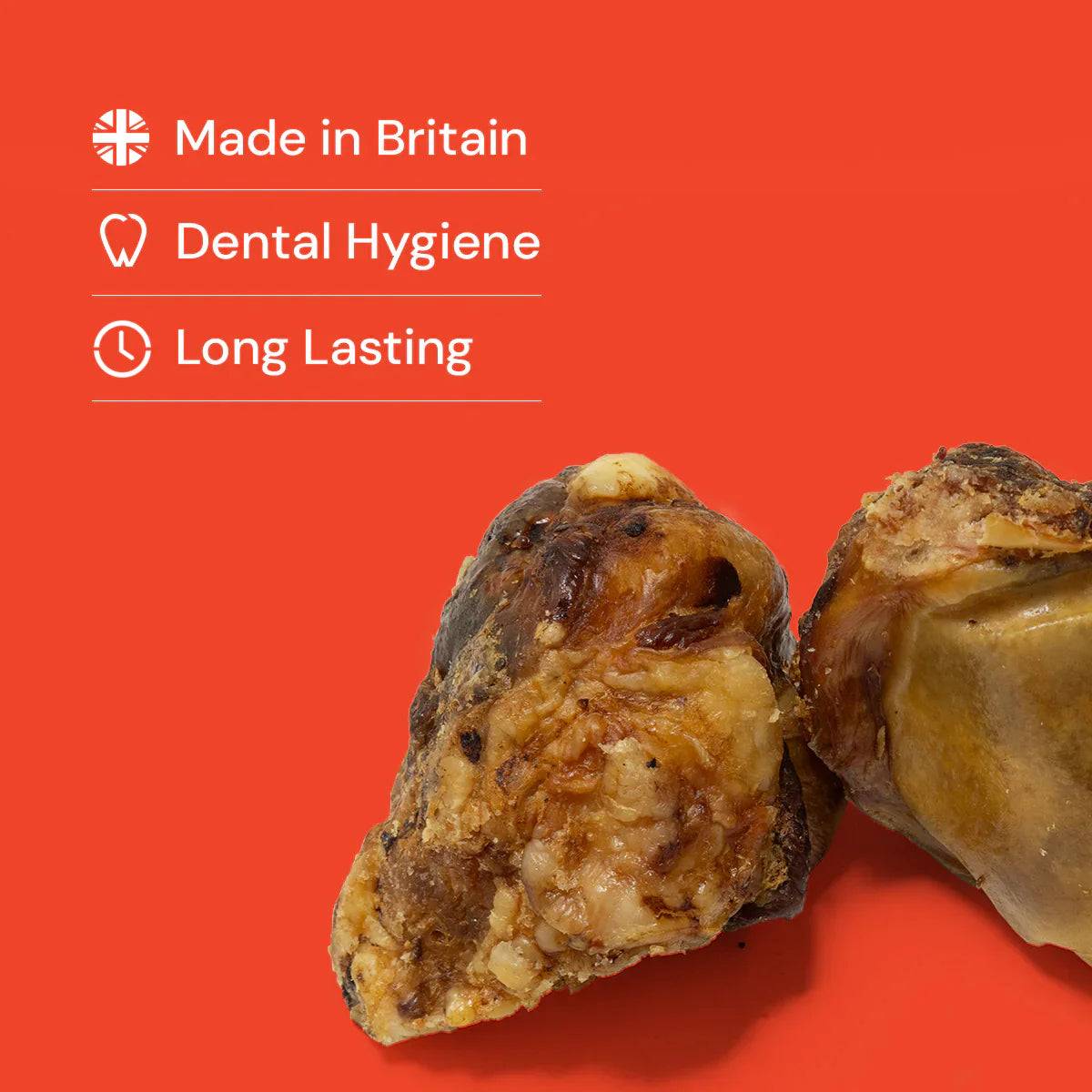 Two beef knees natural dog treats on a red background with 'Made in Britain', 'Dental Hygiene', and 'Long Lasting' text.