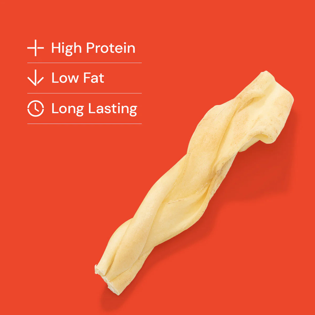 Braided lamb skin natural dog treats on a red background with text highlighting its benefits